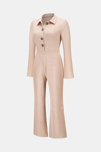 Button Front Long Sleeve Collared Jumpsuit