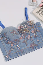 Load image into Gallery viewer, Denim Bustier Beads Flower Embellishments
