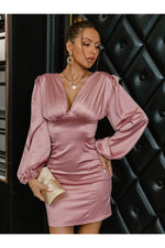 Load image into Gallery viewer, Deep Bubble Sleeve Satin Mini Dress
