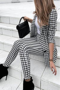 Houndstooth Office Lady Pants Suit Blazer Tops