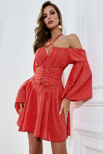 Load image into Gallery viewer, Polka Dot Lace-Up Bell Sleeve Mini Dress
