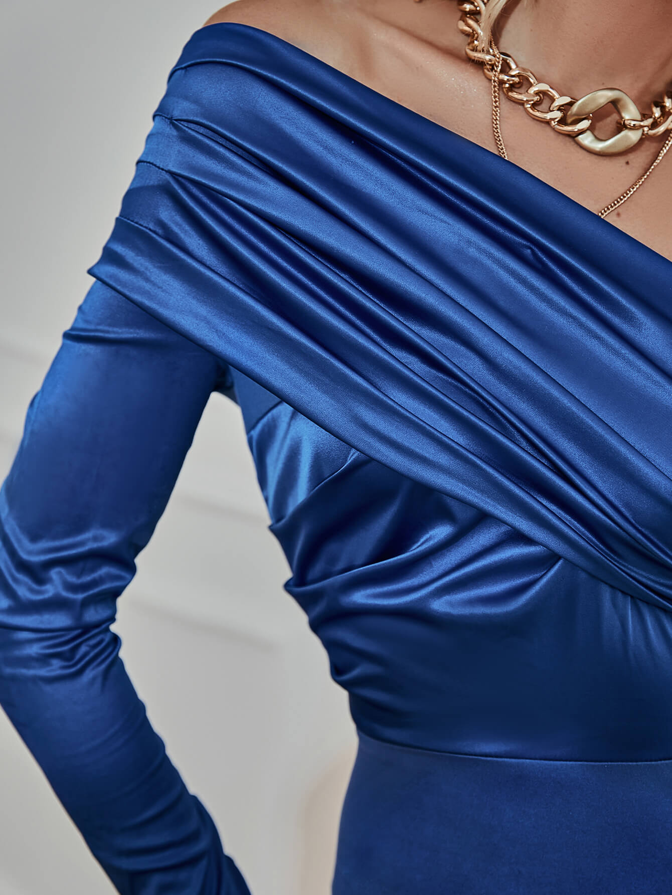 Ruched Off-Shoulder Satin Mini Bodycon Dress