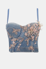 Load image into Gallery viewer, Denim Bustier Beads Flower Embellishments
