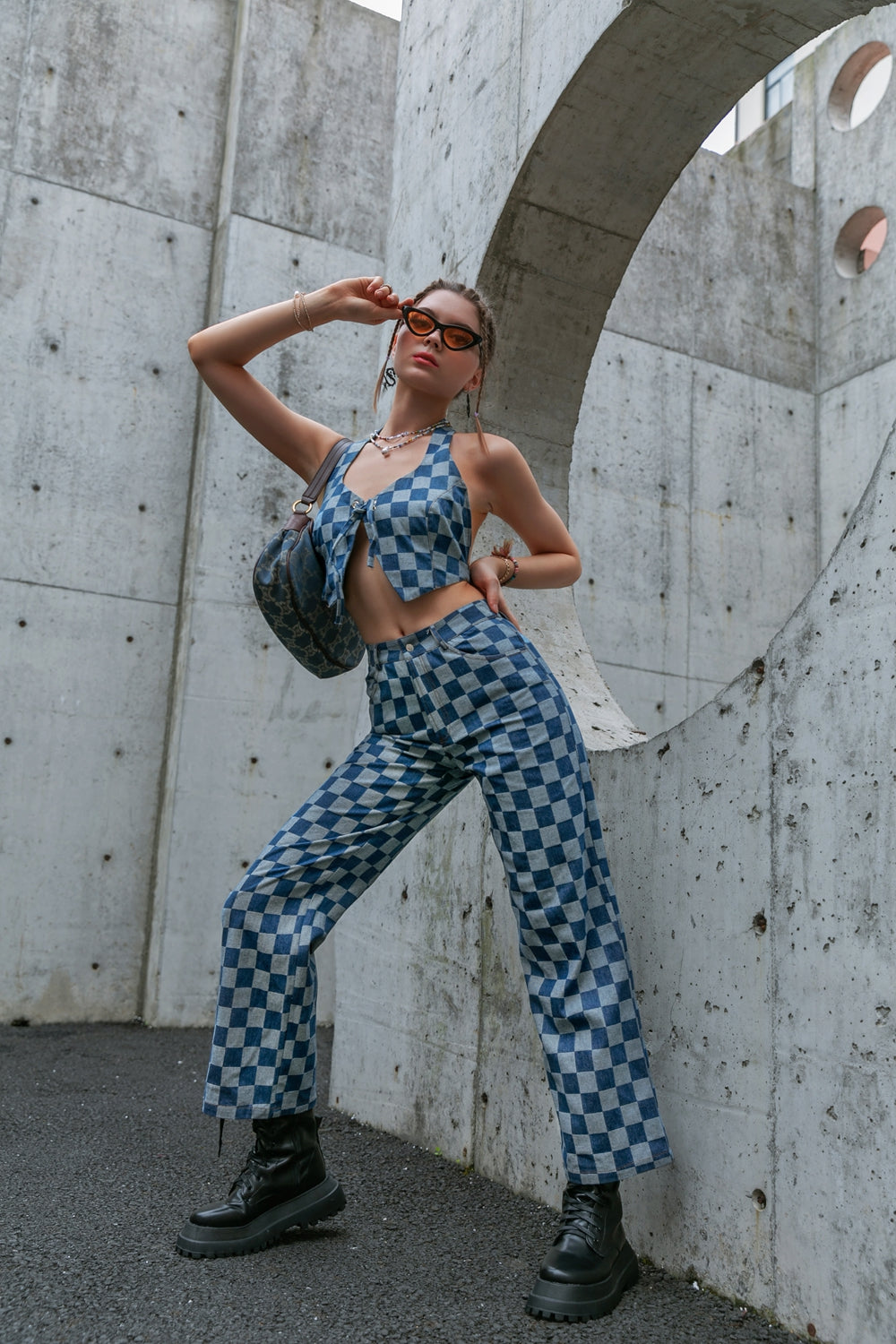 Checkered Lace Cropped Top Pants Set