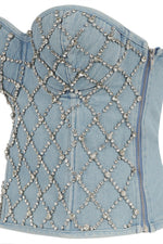 Load image into Gallery viewer, Strapless Lace Denim Rhinestone Fishnet Bustier
