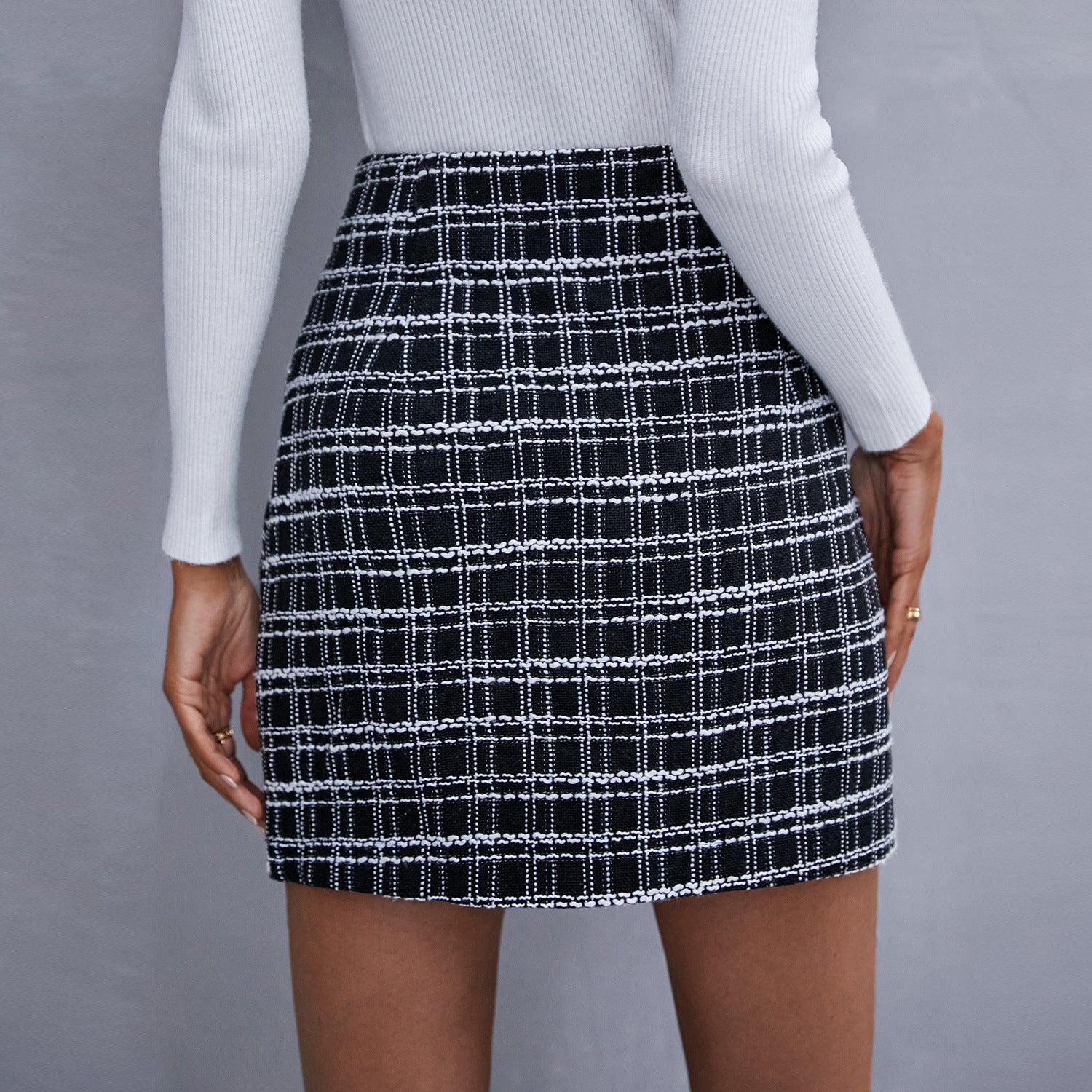 Long Sleeve Slim Plaid Skirt