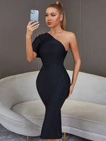 Load image into Gallery viewer, Sequin One-Shoulder Flutter Sleeve Bodycon Black Dress
