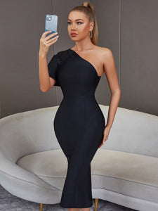 Sequin One-Shoulder Flutter Sleeve Bodycon Black Dress