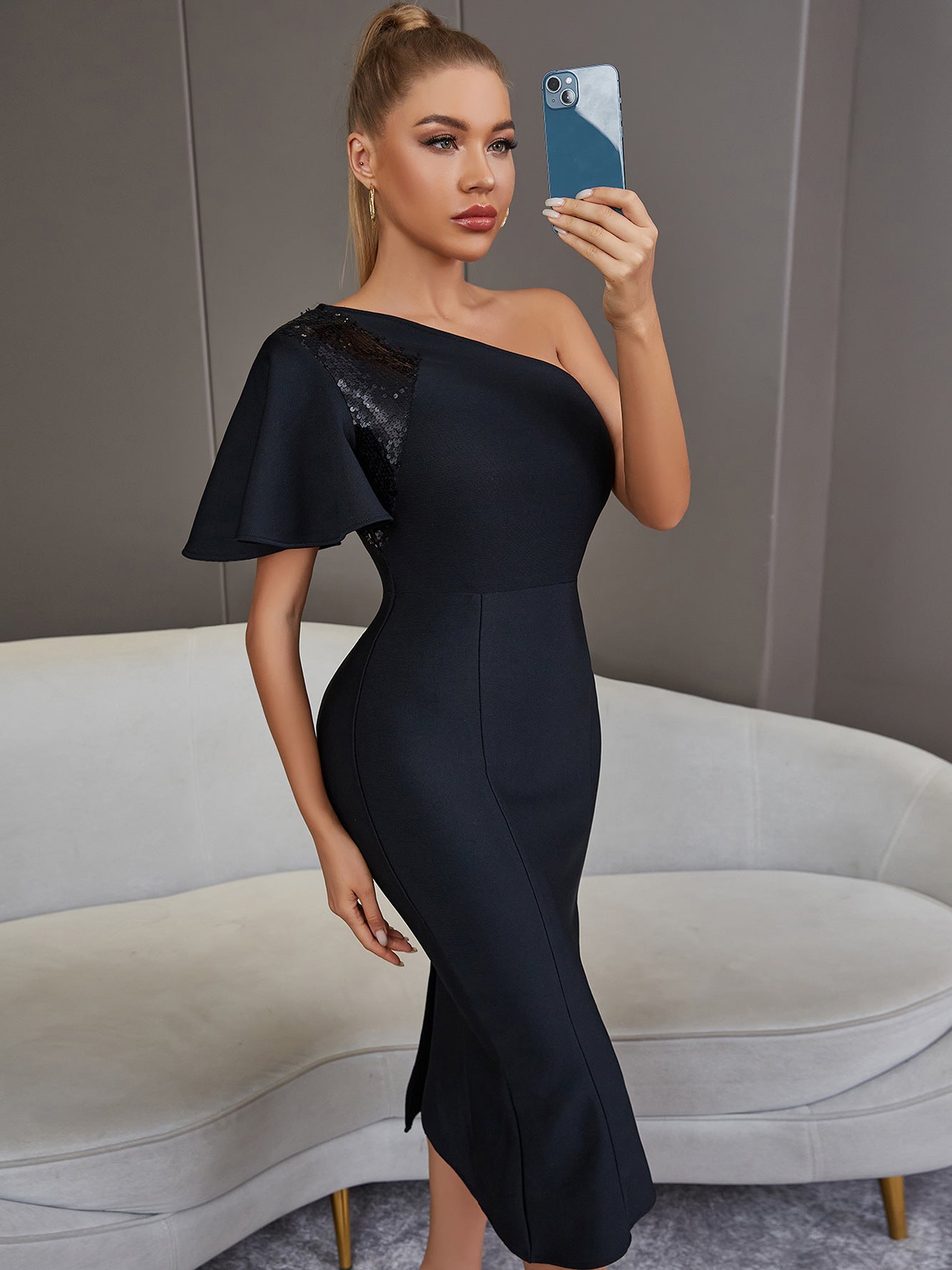 Sequin One-Shoulder Flutter Sleeve Bodycon Black Dress