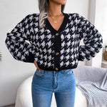 Load image into Gallery viewer, Houndstooth V-Neck Dropped Shoulder Cropped Cardigan
