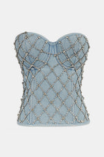 Load image into Gallery viewer, Strapless Lace Denim Rhinestone Fishnet Bustier
