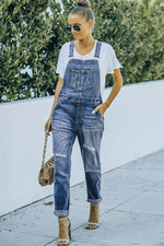 Load image into Gallery viewer, Pocketed Distressed Denim Overalls
