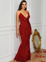Load image into Gallery viewer, Sequin Backless Plunge Maxi Dress
