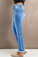 Load image into Gallery viewer, High Waist Distressed Raw Hem Jeans

