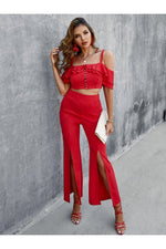 Load image into Gallery viewer, Ruffled Cropped Cami Slit Pants Set
