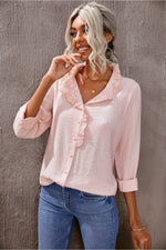Load image into Gallery viewer, Eyelet Ruffles Button Crinkled Shirt
