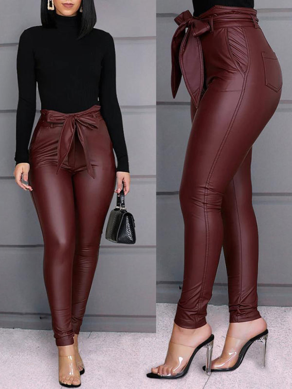 Women’s Slim Fit Tie Belt Faux Leather Pants