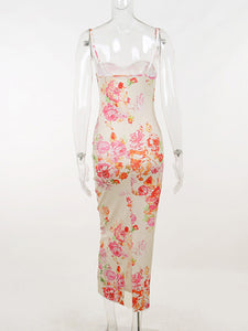 Fashionable new suspender flower print sexy bust dress