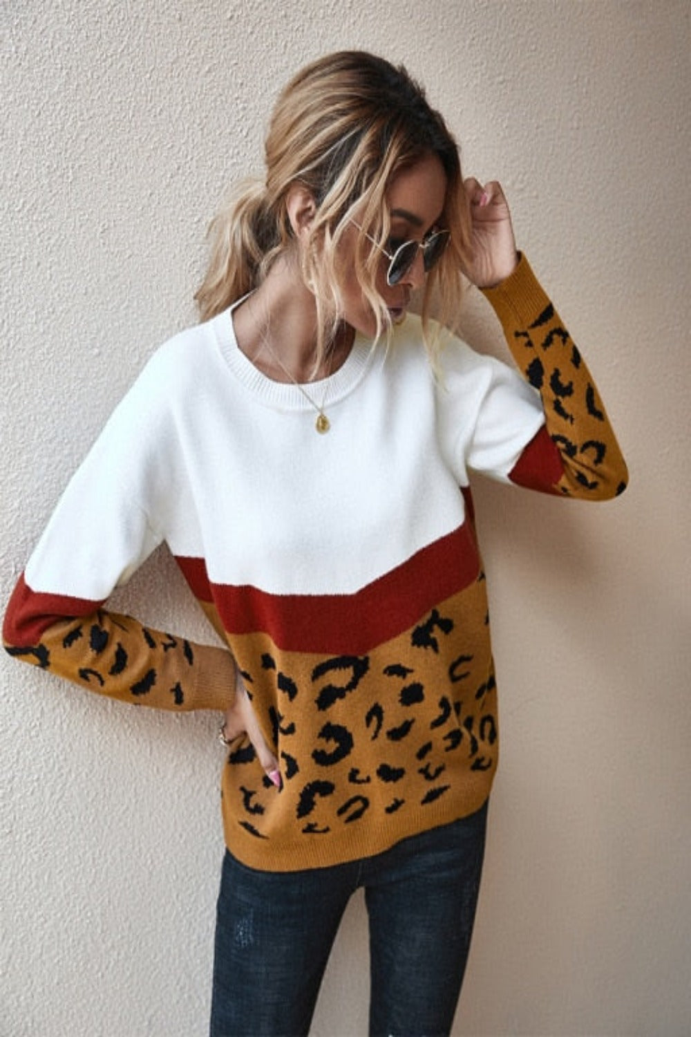 Leopard Patchwork Autumn Winter Ladies Knitted Sweater