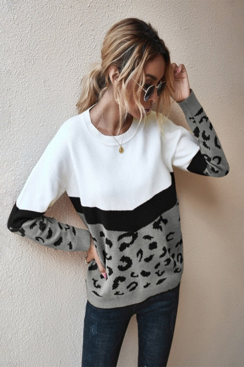 Leopard Patchwork Autumn Winter Ladies Knitted Sweater