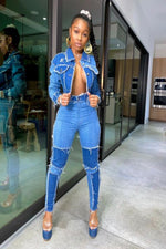 Load image into Gallery viewer, Denim Patchwork Jackets Jeans Pants Matching Set
