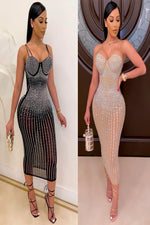 Load image into Gallery viewer, Mesh See Though Hot Rhinestones Plunging Midi Bodycon Dress
