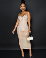 Load image into Gallery viewer, Mesh See Though Hot Rhinestones Plunging Midi Bodycon Dress
