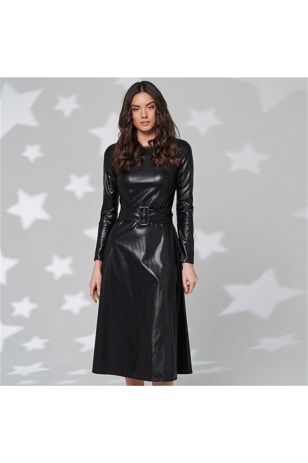 Fashion Belt Faux Leather Dresses Women Long Sleeve Slim Fit PU Dress