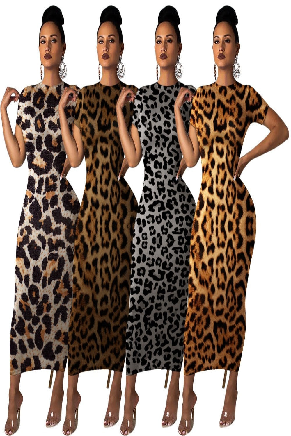 Women Leopard Short Sleeve Maxi Dress