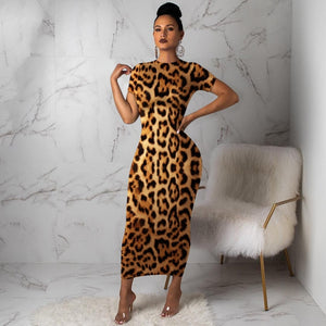 Women Leopard Short Sleeve Maxi Dress