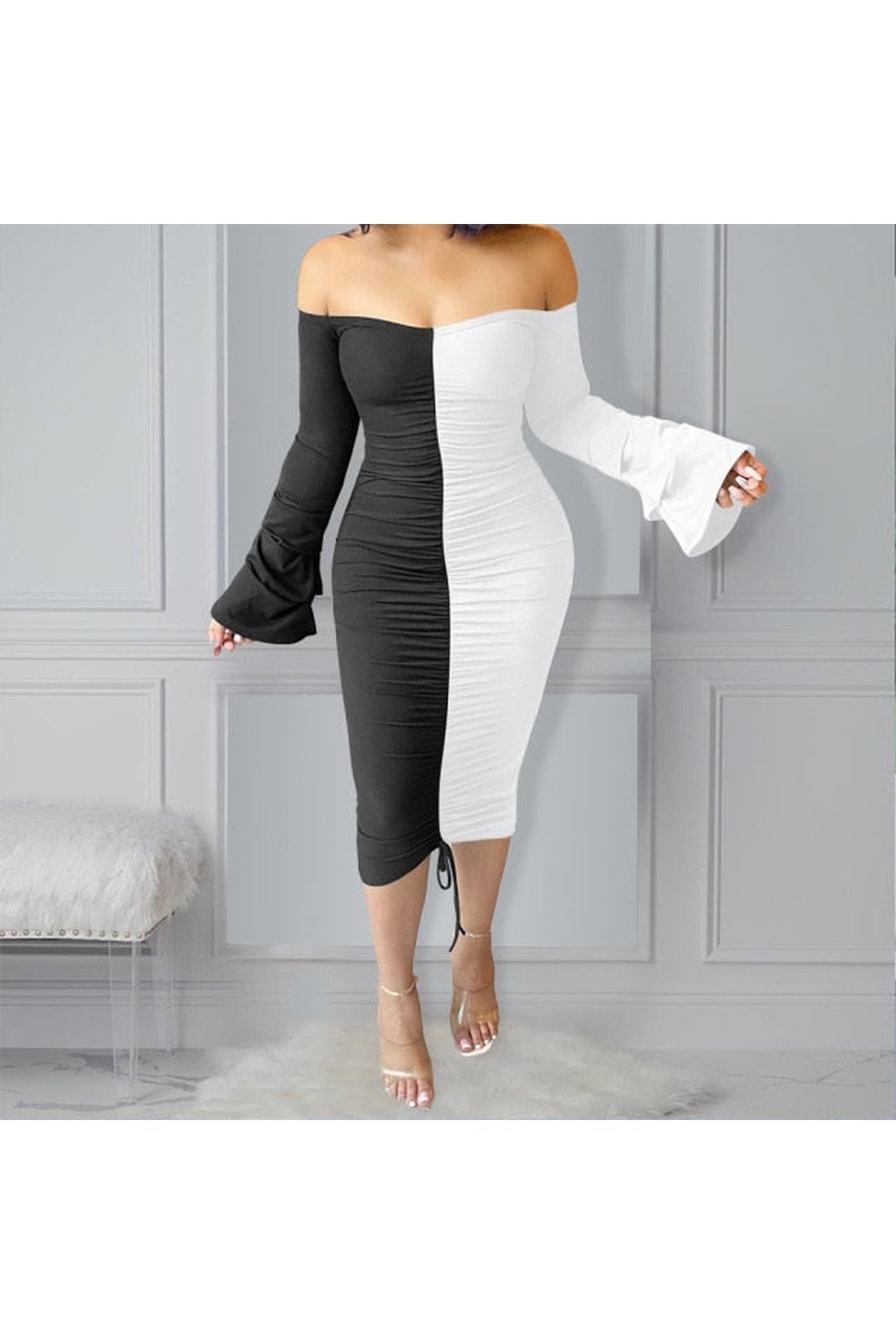 New Arrivals Sexy Women Flare Sleeve Off Shoulder Bodycon Summer White Dress