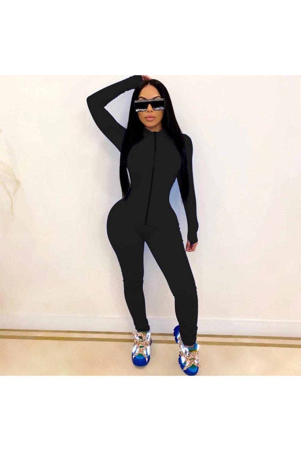 New Style Women Solid Color One Piece Jumpsuit Ladies Zipper Front Long Sleeve