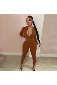 New Style Women Solid Color One Piece Jumpsuit Ladies Zipper Front Long Sleeve