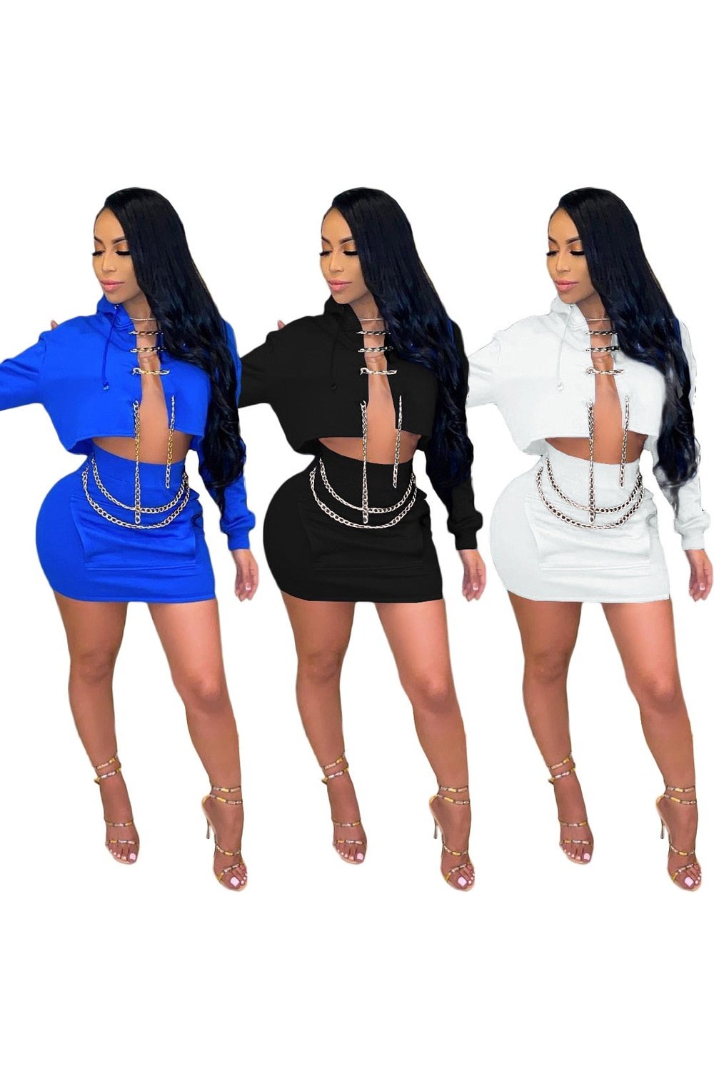 Trendy chain crop top skirts two piece skirt set