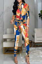 Load image into Gallery viewer, 2 Pieces Vintage Print Patchwork Shirt, Skinny Pants Set

