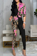 Load image into Gallery viewer, 2 Pieces Vintage Print Patchwork Shirt, Skinny Pants Set
