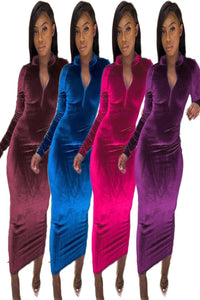 Zipper Bodycon Casual Velvet Dress