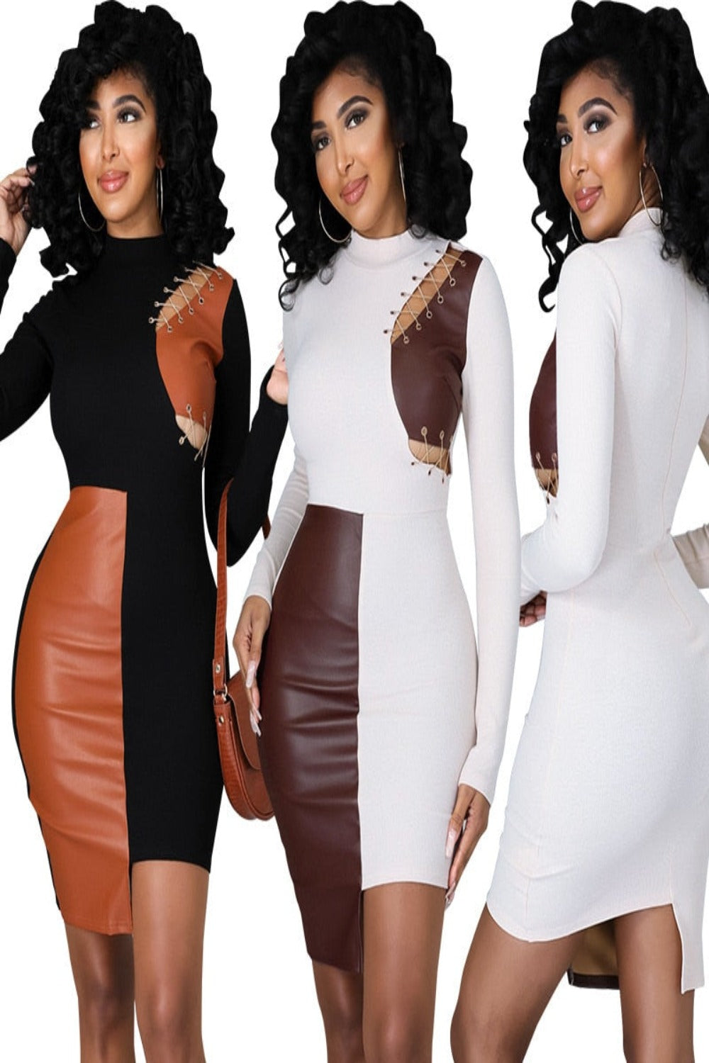 Women Patchwork Faux Leather Long Sleeve Bodycon Midi Dresses