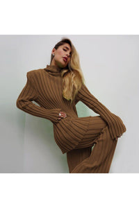 Knitted Long Sleeve Sweater Top Pants Piece Sets loose fall