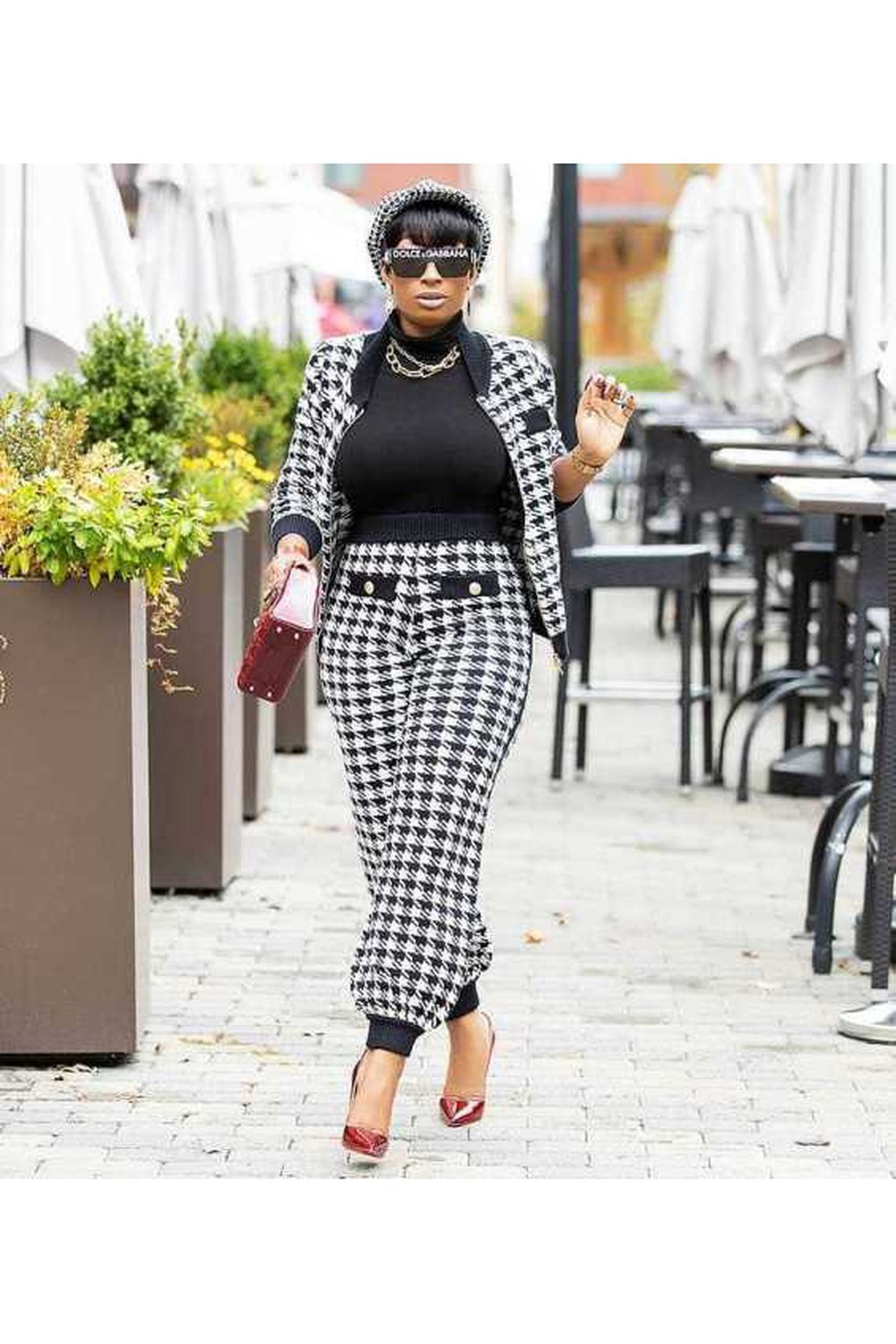 Houndstooth button coat trousers two piece pants set women clothing