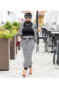 Houndstooth button coat trousers two piece pants set women clothing