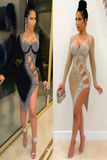 Load image into Gallery viewer, Rhinestone Mesh See Though Bodycon Dress
