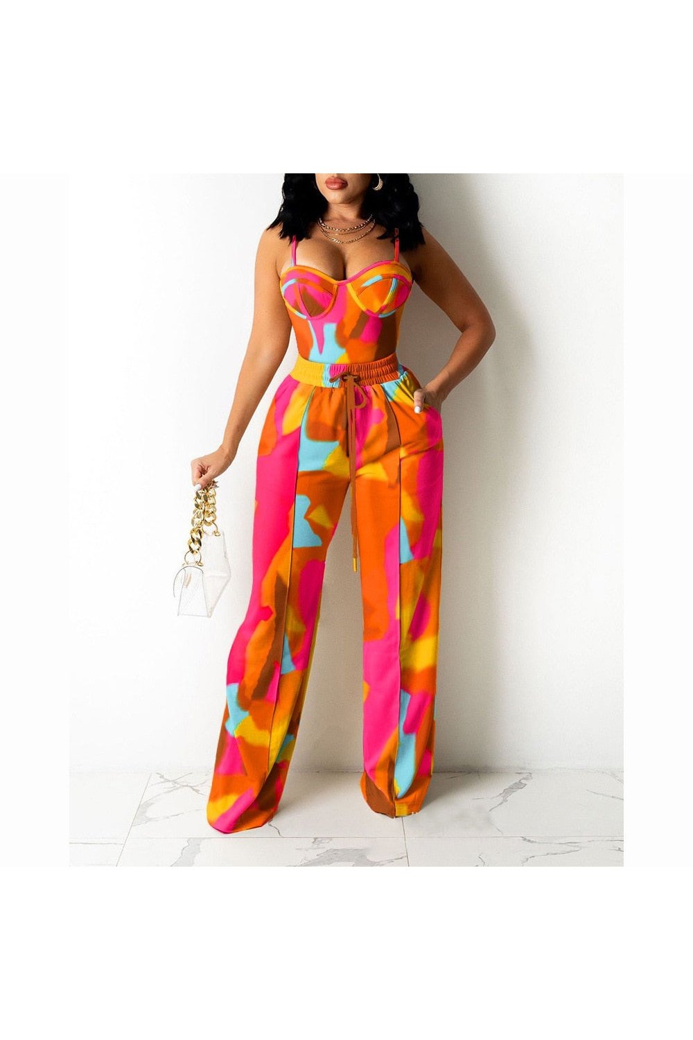 Two Piece Suit Sets Sleeveless Colorblock Zipper Back Cami Top Wide Legs