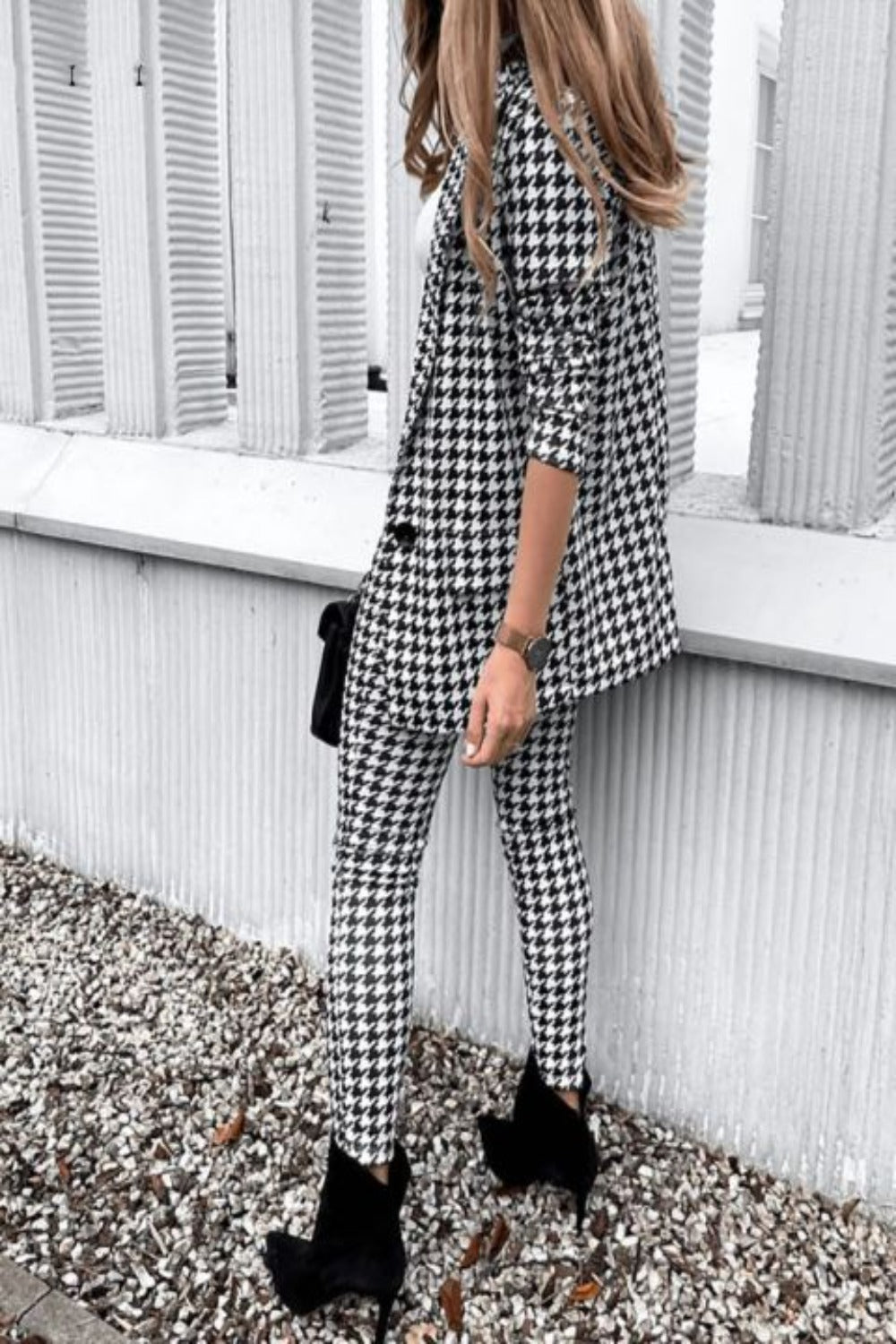 Houndstooth Office Lady Pants Suit Blazer Tops