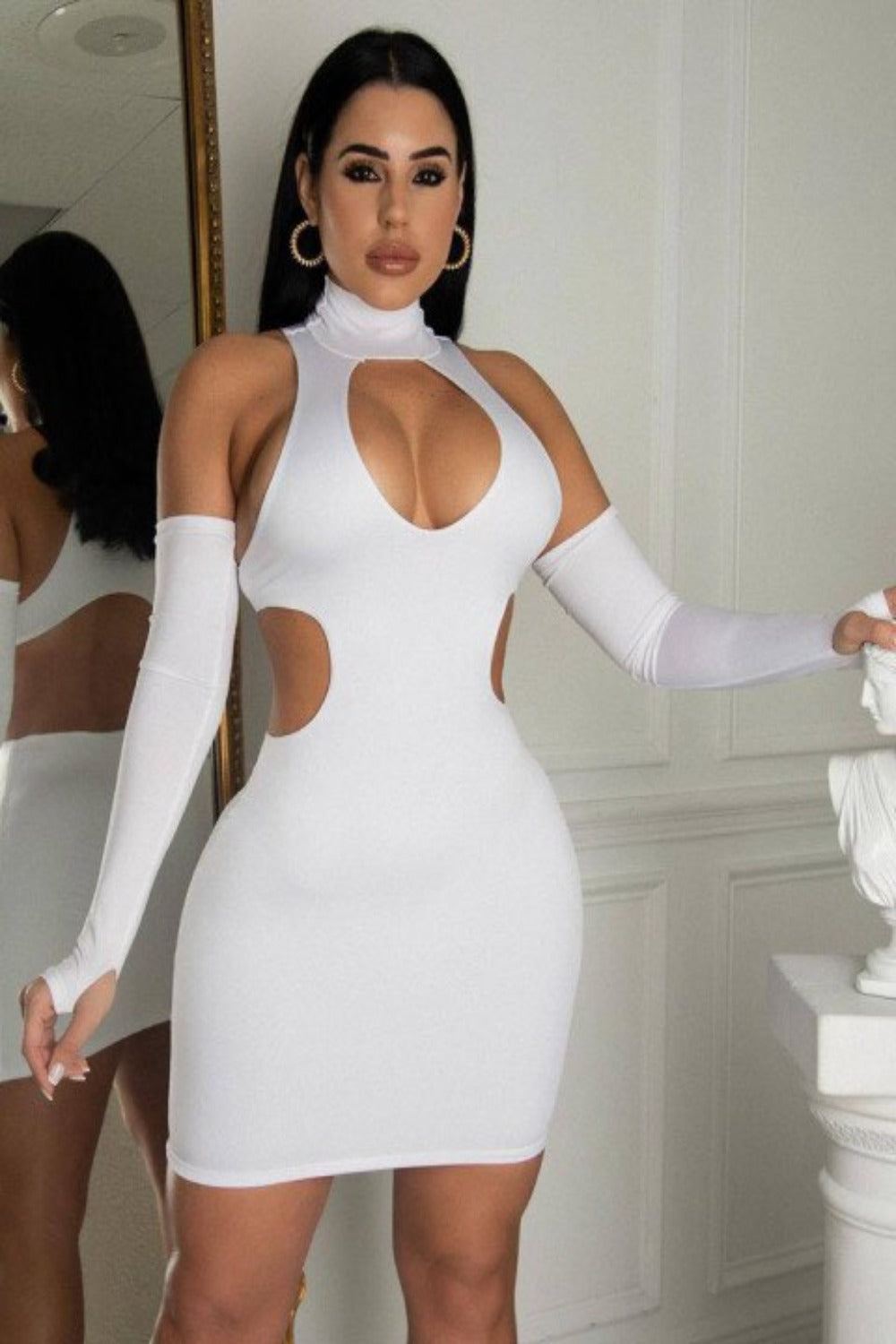 Women Cut Out Hole with Long Sleeve Turtleneck Bodycon Midi Dress